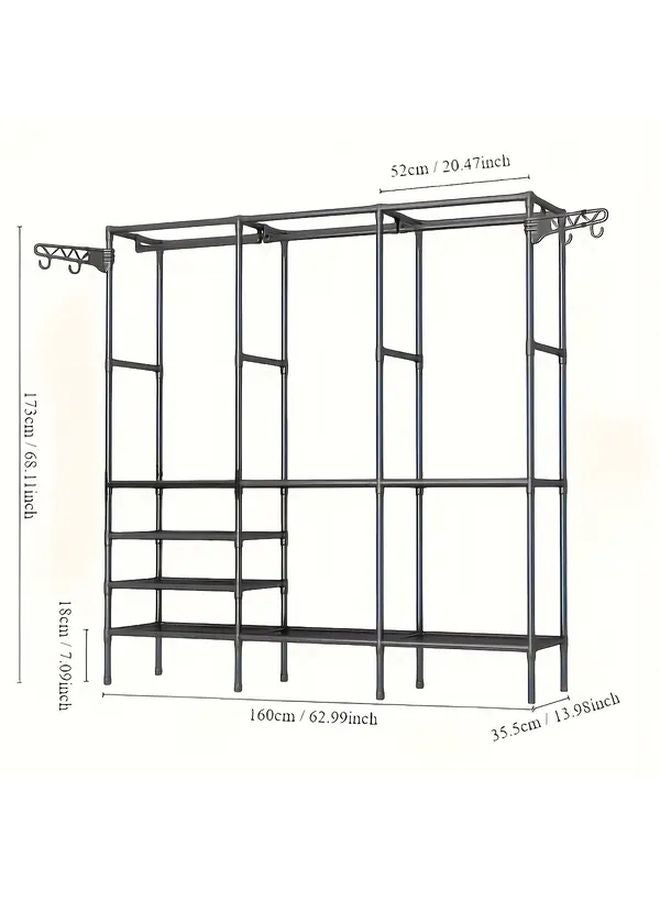 Four Row Black Portable Wardrobe Freestanding Metal Closet With 10 Compartments Rod And Shelf - Image 4